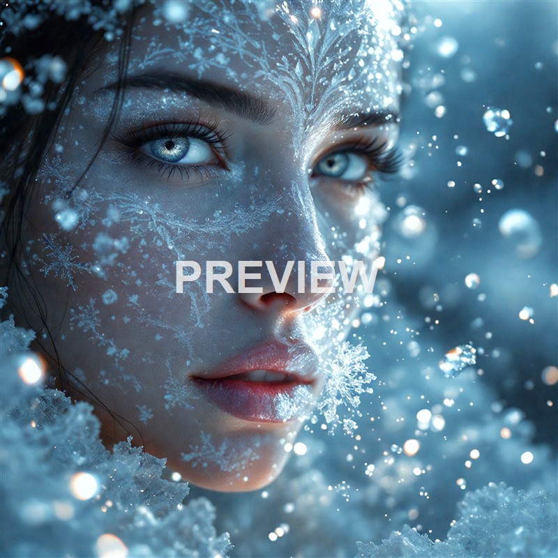 A close-up of a woman's face with icy patterns and snowflakes on her skin, surrounded by floating ice particles and a cool blue background.